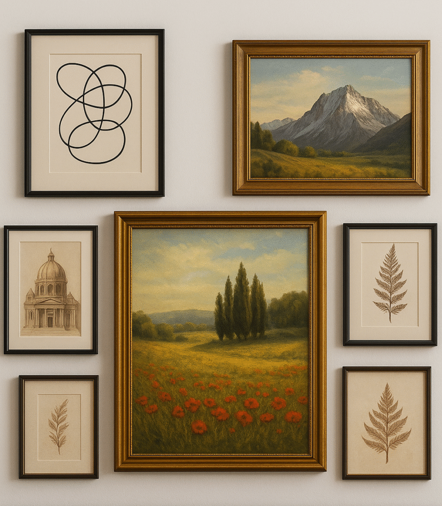 Composición de cuadros decorativos con marcos de distintos estilos en pared interior.
