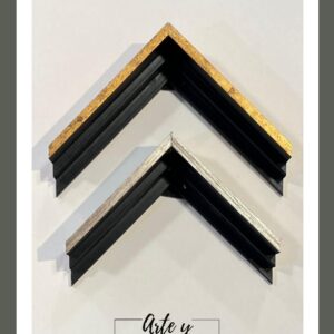 Molduras negras con bordes metálicos dorado y plateado, perfil escalonado – Sol y Sombra SRL