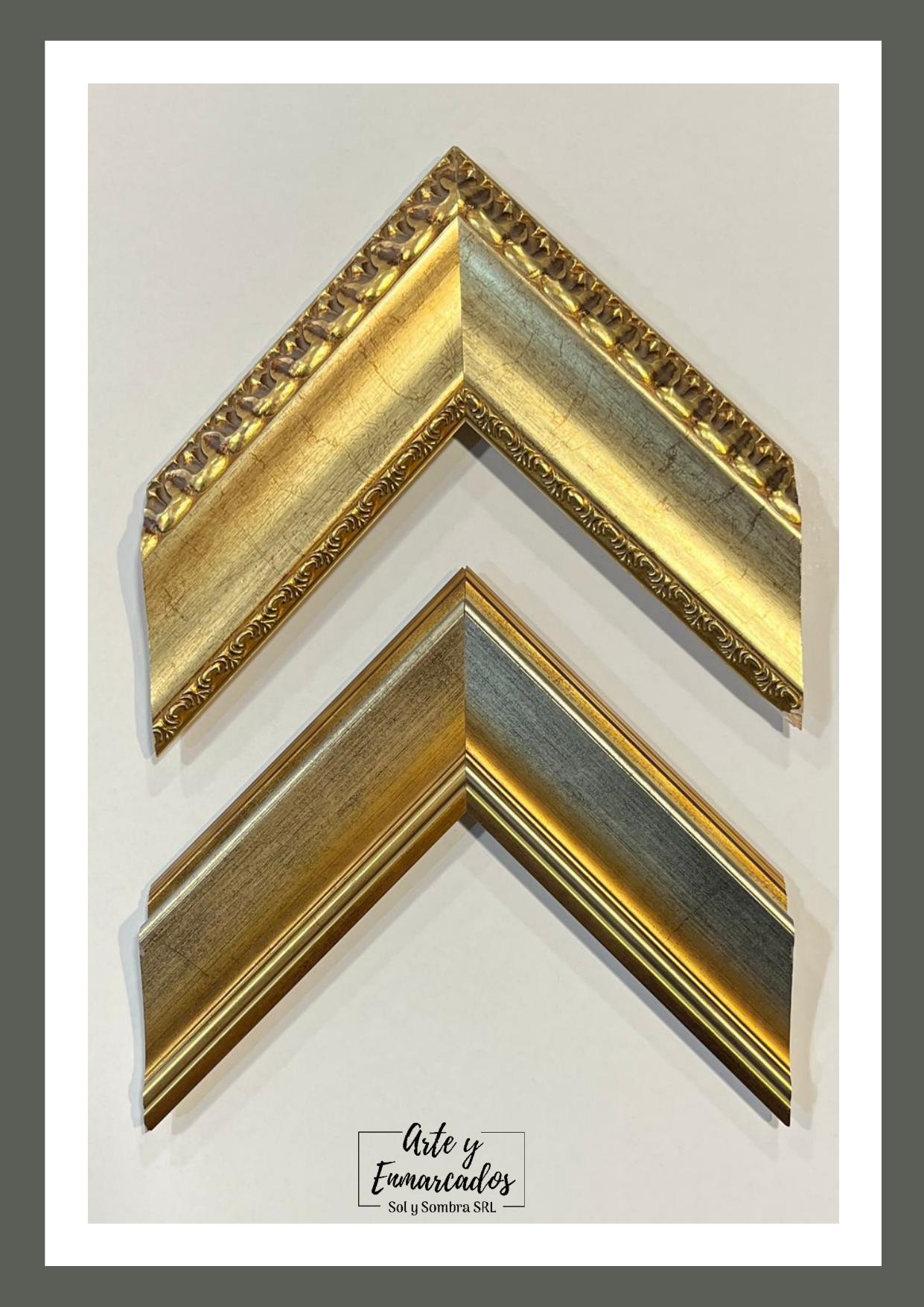 Molduras doradas con acabado patinado y relieve clásico – Sol y Sombra SRL