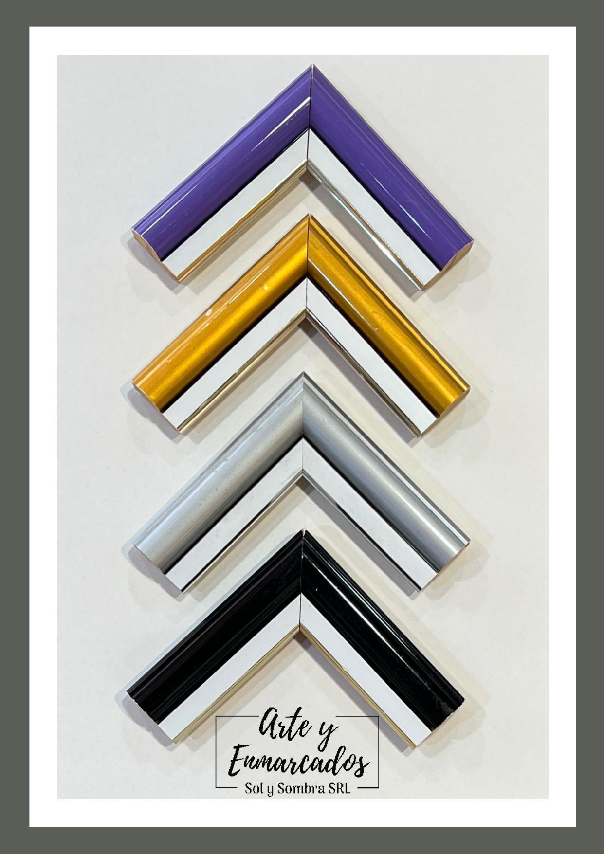 Molduras metálicas con esmalte brillante en tonos violeta, dorado, plateado y negro – Sol y Sombra SRL