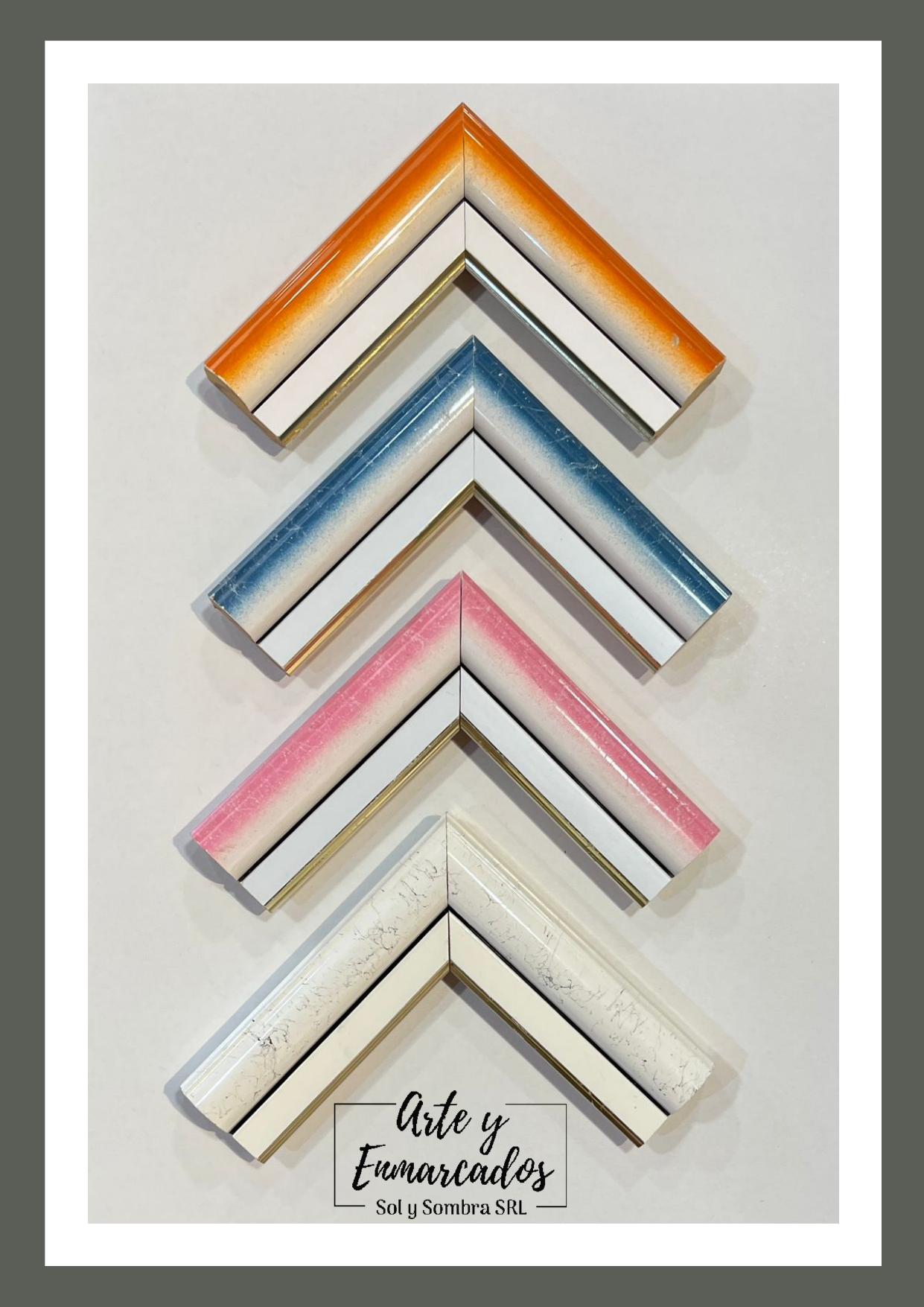 Molduras esmaltadas con efecto degradé en tonos naranja, azul, rosa y crema – Sol y Sombra SRL